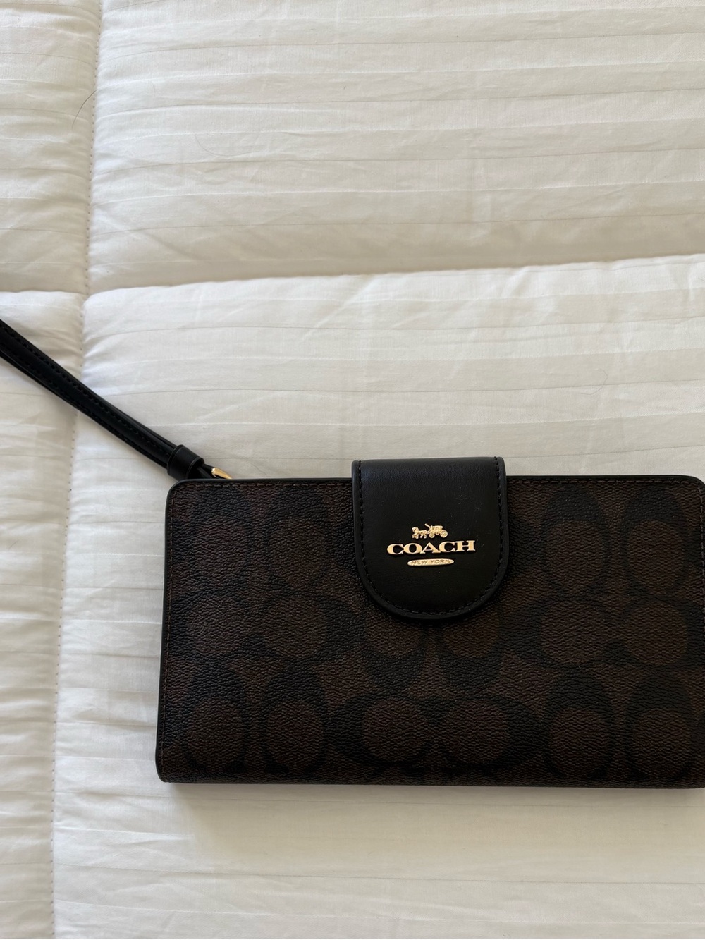 Coach Dark Brown Signature Wristlet Wallet with Black Trim